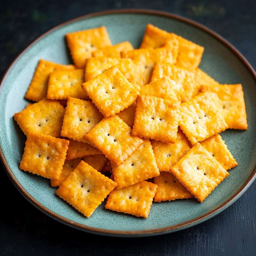 a celadon bowl with a pile of homemade cheese crackers. Each cracker is about 1 inch square with a couple \of holes in each to prevent puffing.