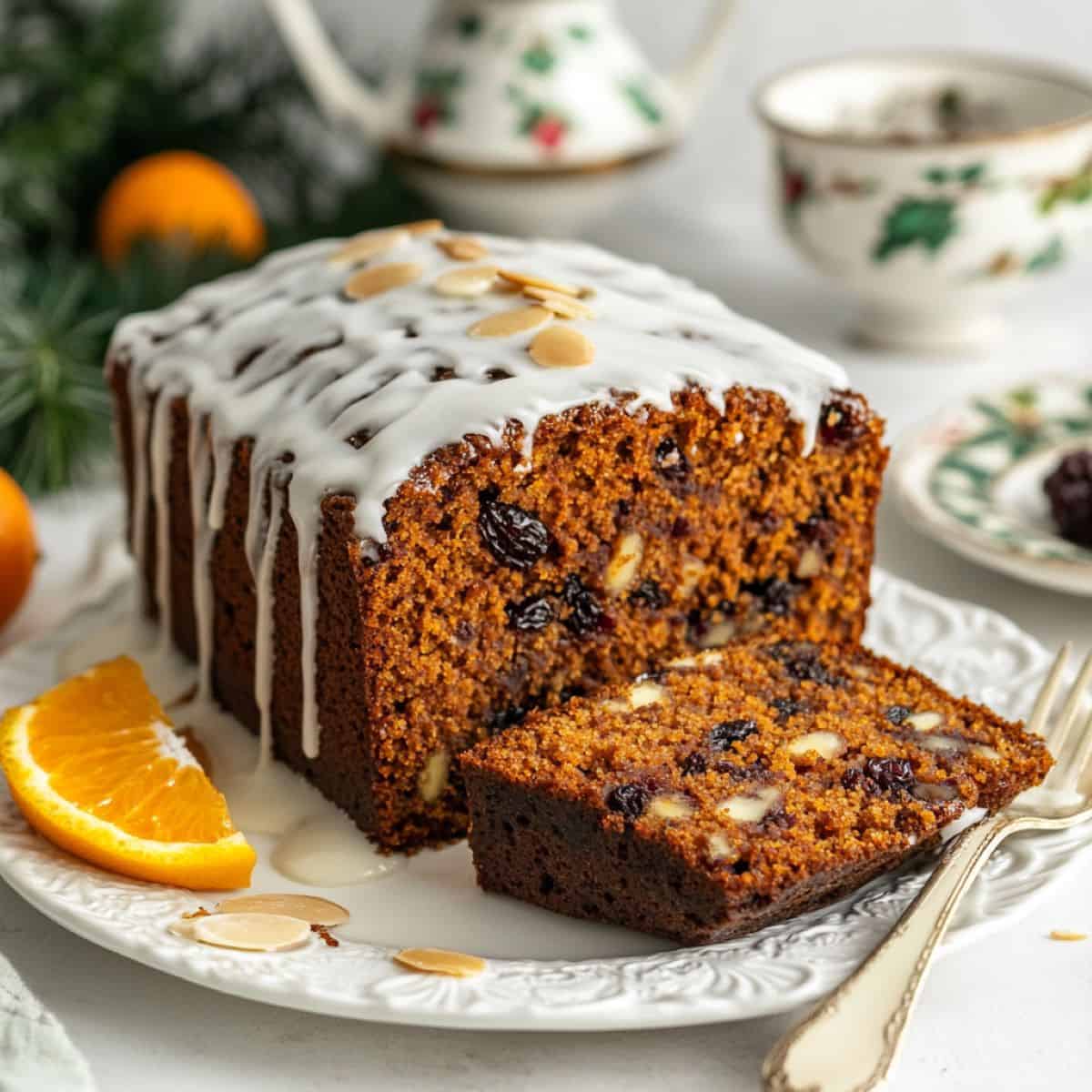An image of a cranberry, pear and almond loaf sitting on a decorative plate with a slice removed showing the texture inside.