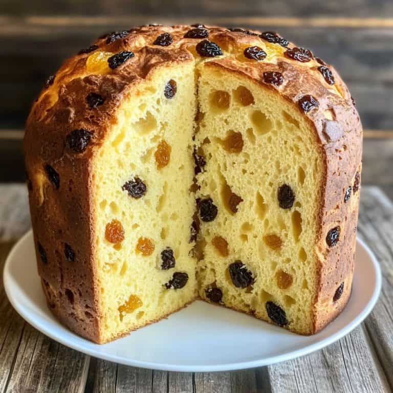 Image of a panettone on a white plate with a slice removed from the panettone showing the inside.
