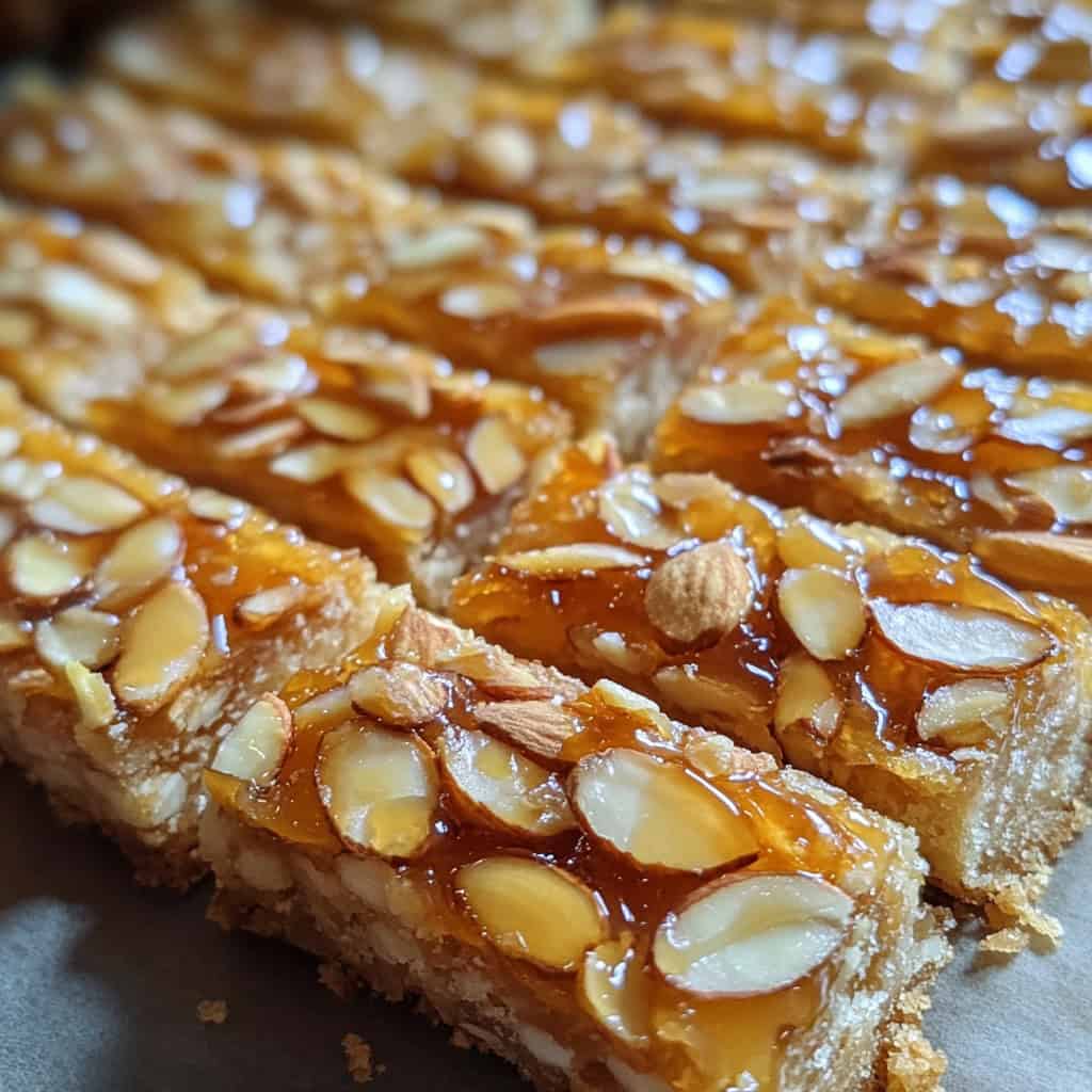 A baking tray with sliced honey and almond slice cut into rectangles.