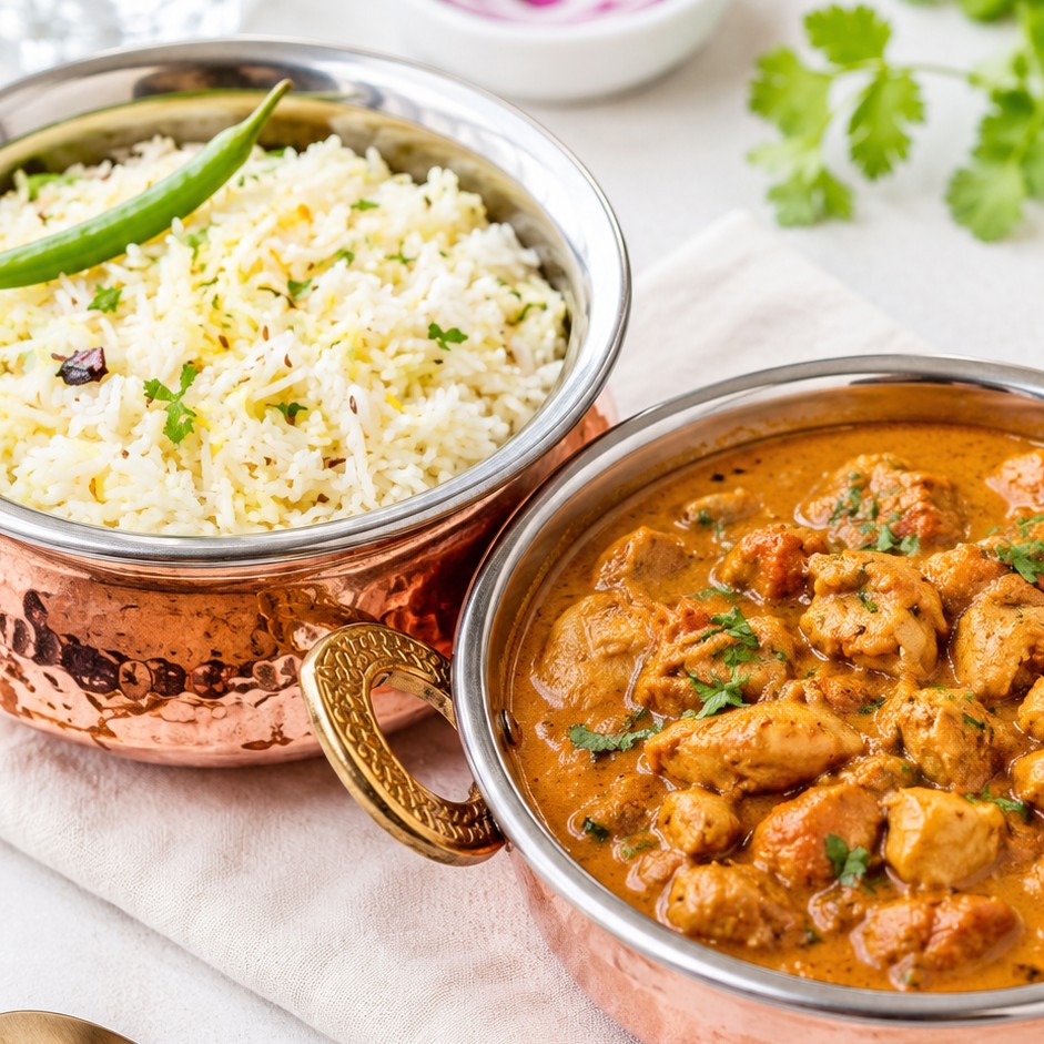 two indian serving bowls one with cumin rice and the other with becs kashmiri chicken