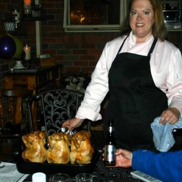 Chef Bec with beer can chicken.