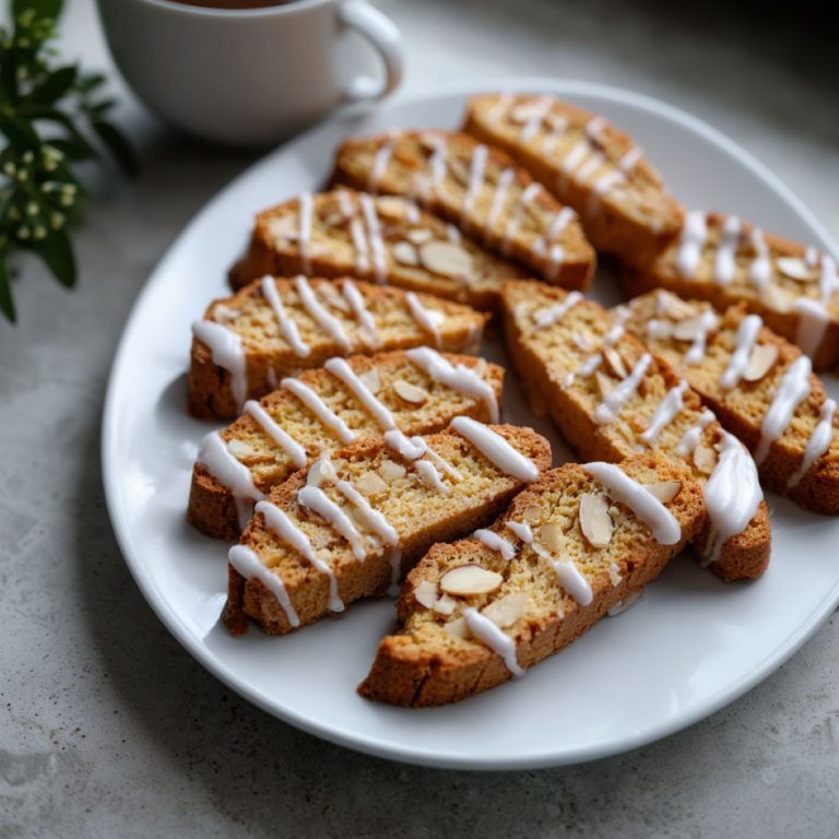 A white plate with biscotti biscuits with white chocolate icing.