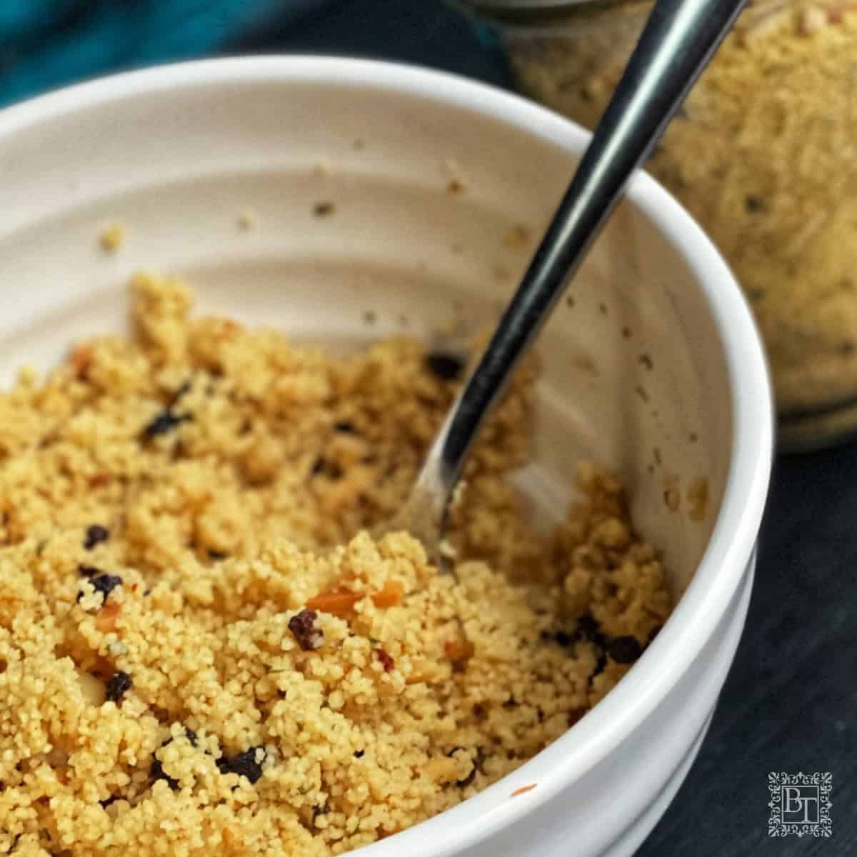 Closeup of couscous in a white bowl