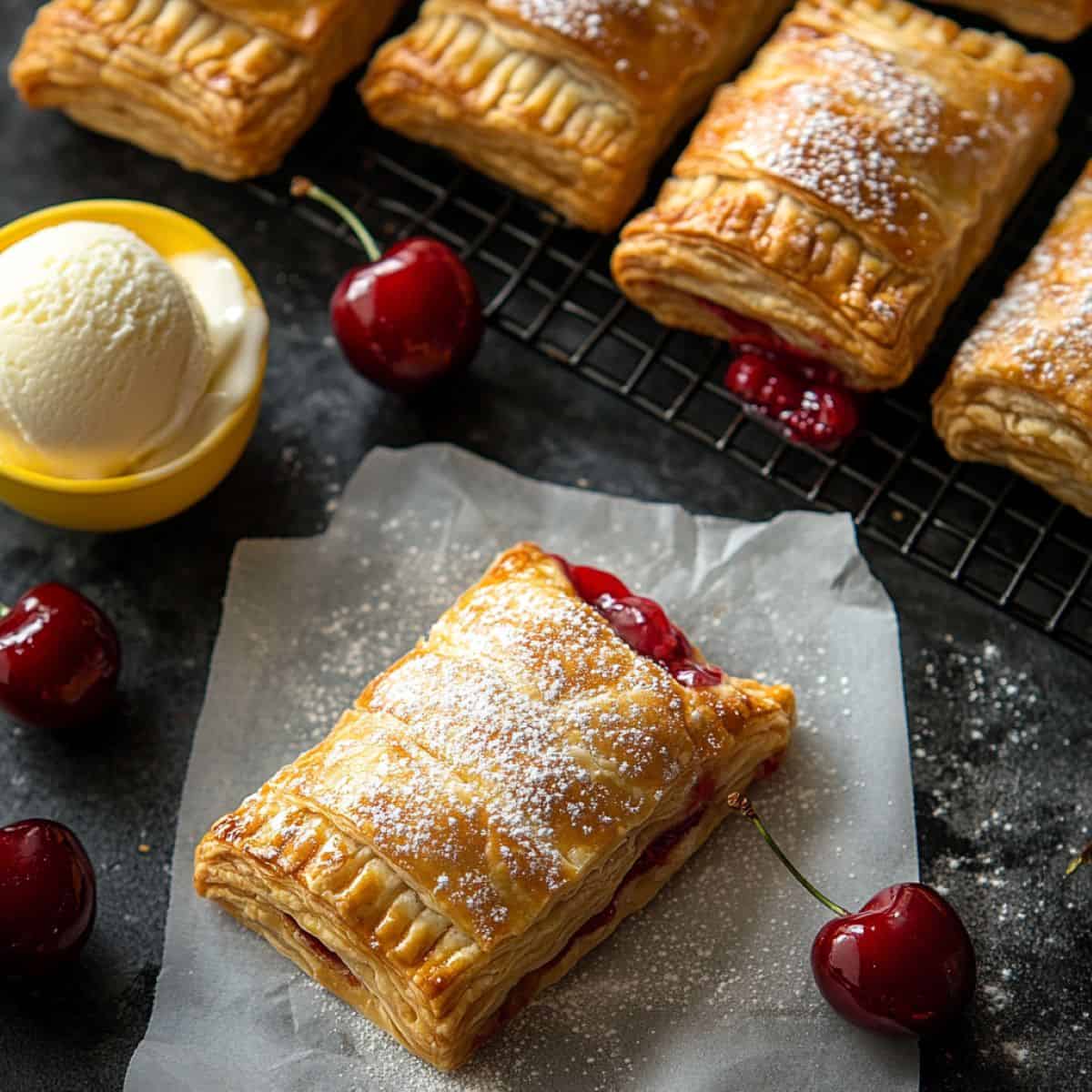 four rectangular hand pies on a cooling rack with one in front sitting on baking paper with a scoop of ice cream in a small pot
