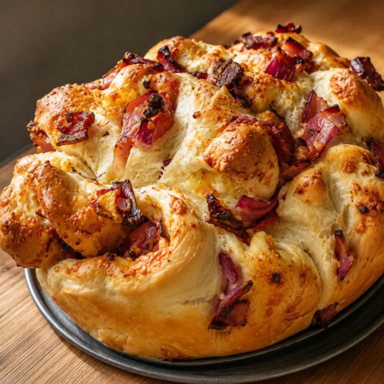 close up on a bacon and red onion pull apart bread. Showing the fold and illing
