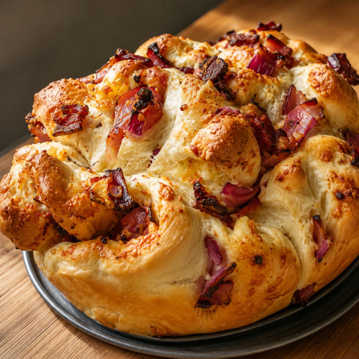 close up on a bacon and red onion pull apart bread. Showing the fold and illing