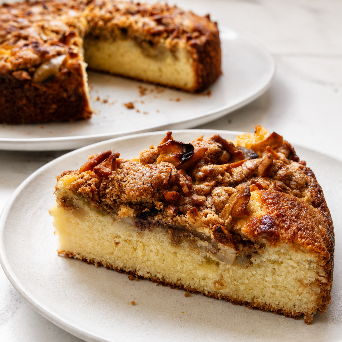 A slice of Pear and Almond Crumble Cake on a white plate.