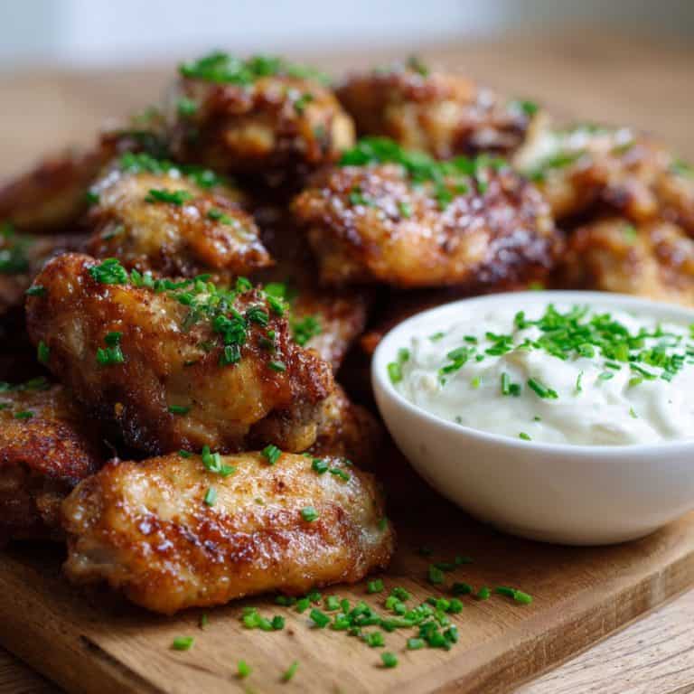 A wooden board with crispy oven fried or air fried chicken wings sitting next to a small bowl with yoghurt dressing