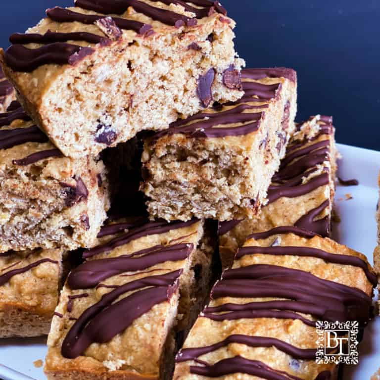 White tray with banana oat chocolate bars.