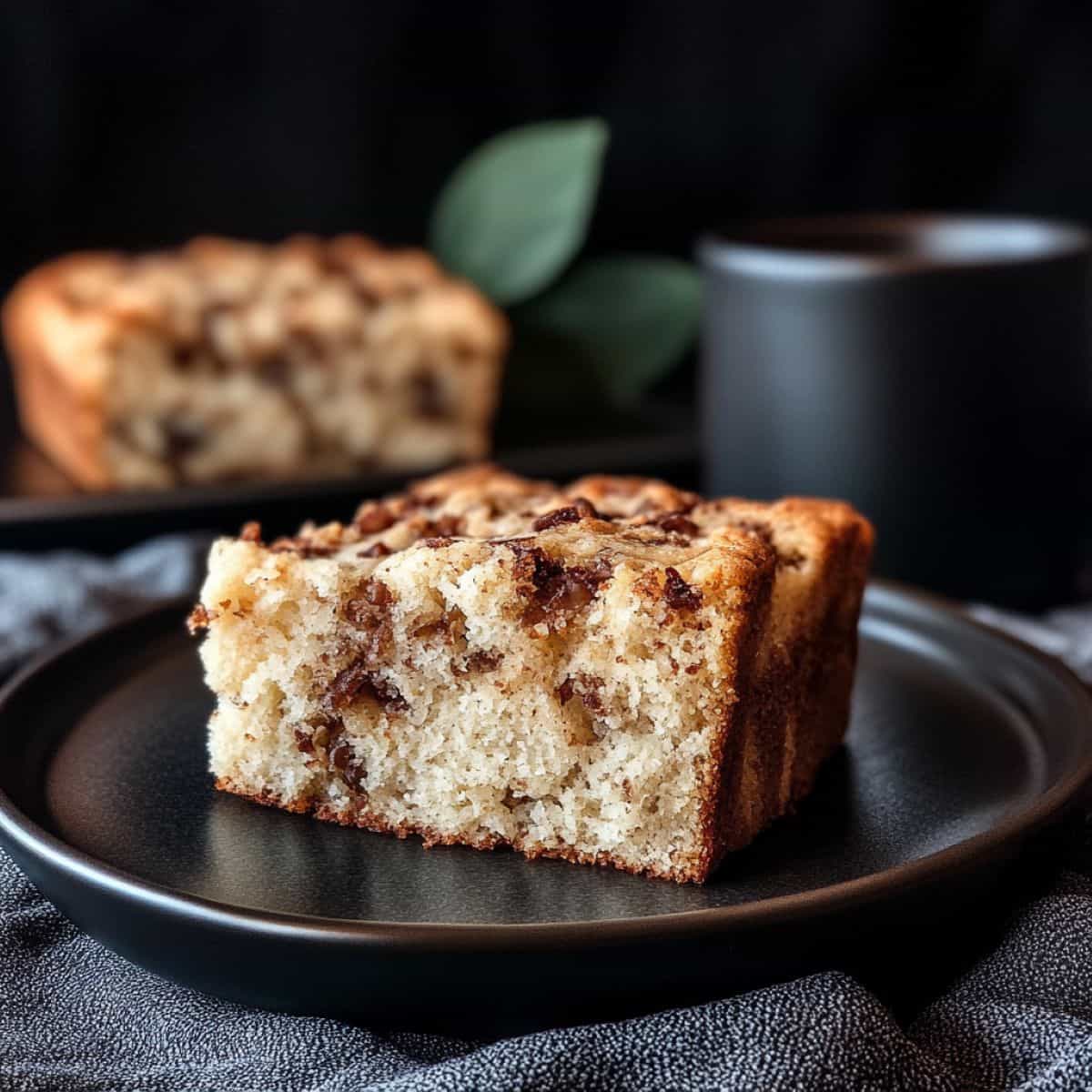 Image of a black plate with a Coffee Butterscotch square of cake