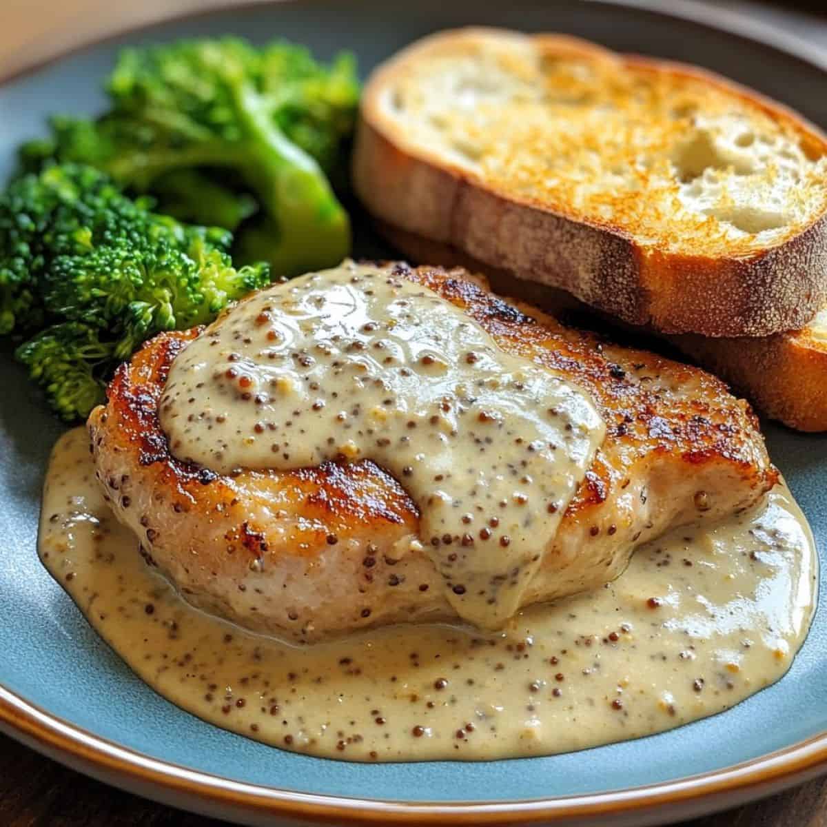 blue plate with pork, brocolli a slice of sourdough and creamy mustard sauce.