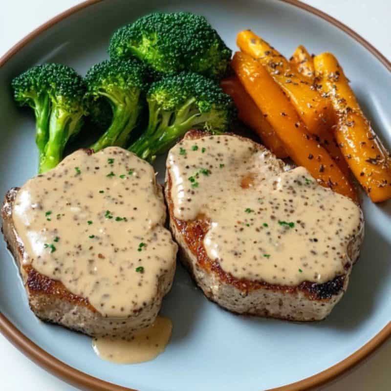 A plate with broccoli, carrot and two madalions of pork with a mustard sauce.