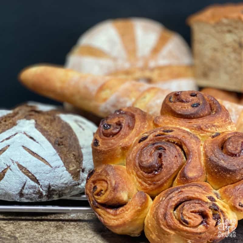 A tray full of different sourdough breads.