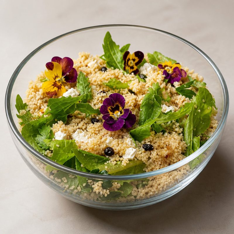 glass bowl with couscous salad leaves and edible flowers 
