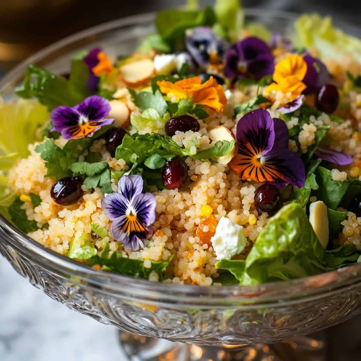 A glass bowl with couscous made into a salad with dried fruit, feta and edible flowers.