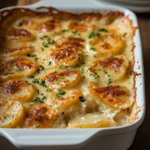 White baking dish with cheesy scalloped potatoes.