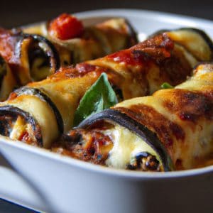 A white baking dish with rolled eggjplant involtini.