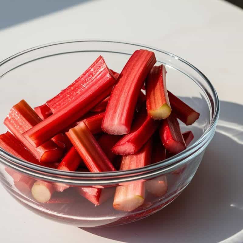 Rhubarb pieces in a glass bowl.