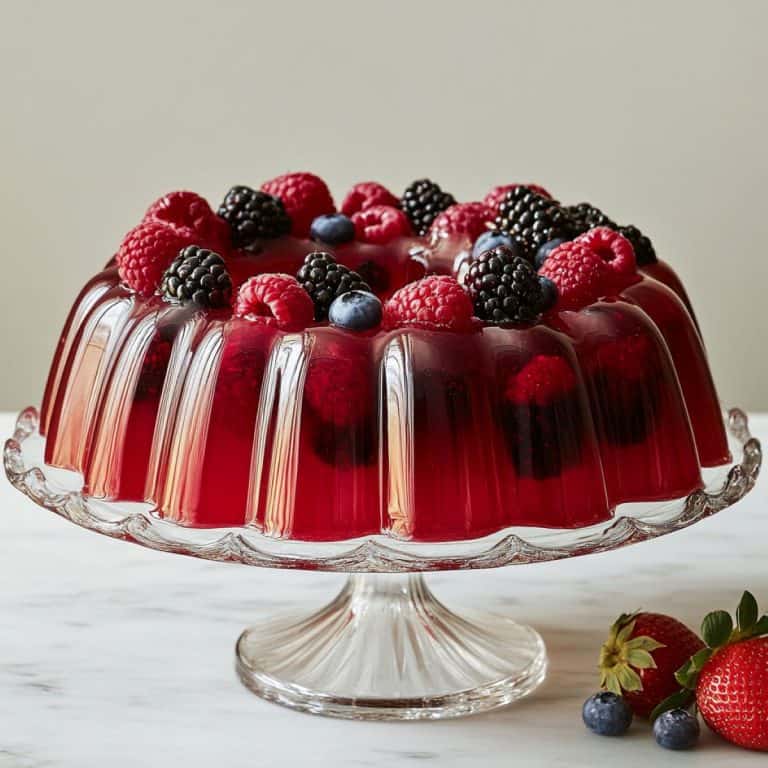 A footed glass plate with berry filled jelly on top.
