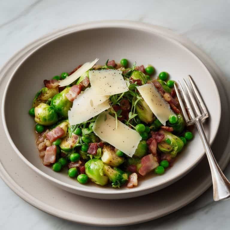Brussels sprouts, peas and bacon Thermomix recipe served with shaved parmesan