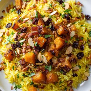 Roast pumkin and bacon with rice.