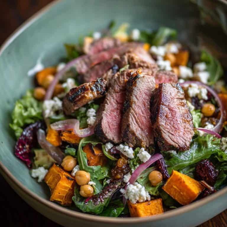 Turquiose bowl with middle eastern bbq lamb with sweet potato salad feta, greens and beans.
