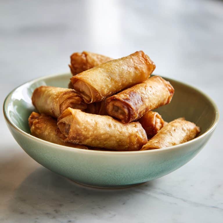 Pale green bowl with a batch of golden brown crunchy air fried spring rolls.