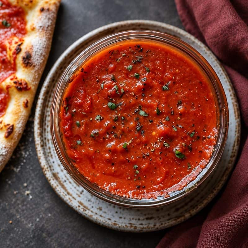 Looking down on a glass bowl sitting on a stone plate of Pizza Pasta sauce.